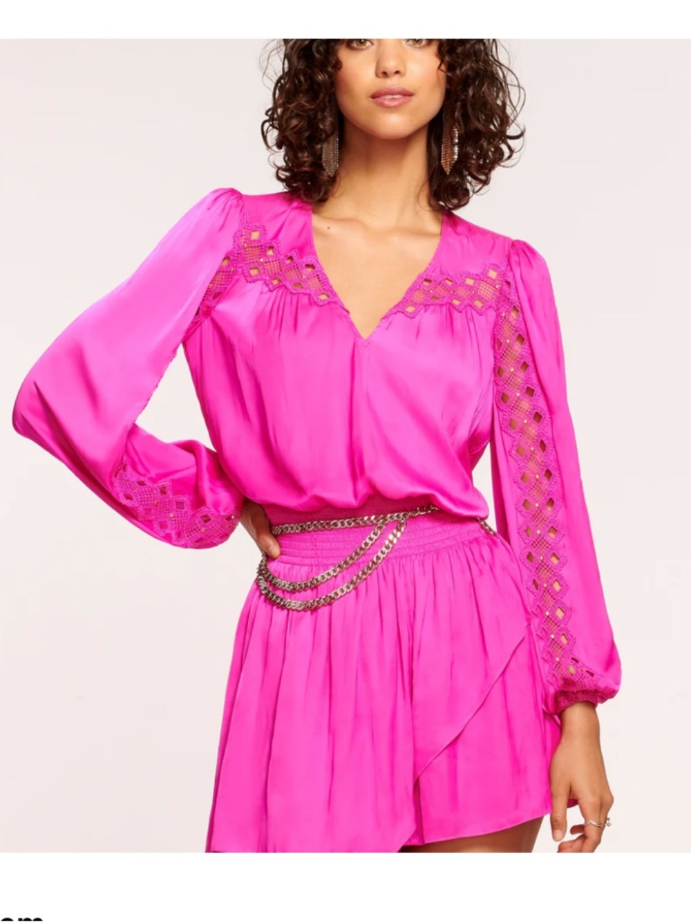 Ramy Brook Bright Pink V-Neck Lace-Inset Long Sleeve Women's dress